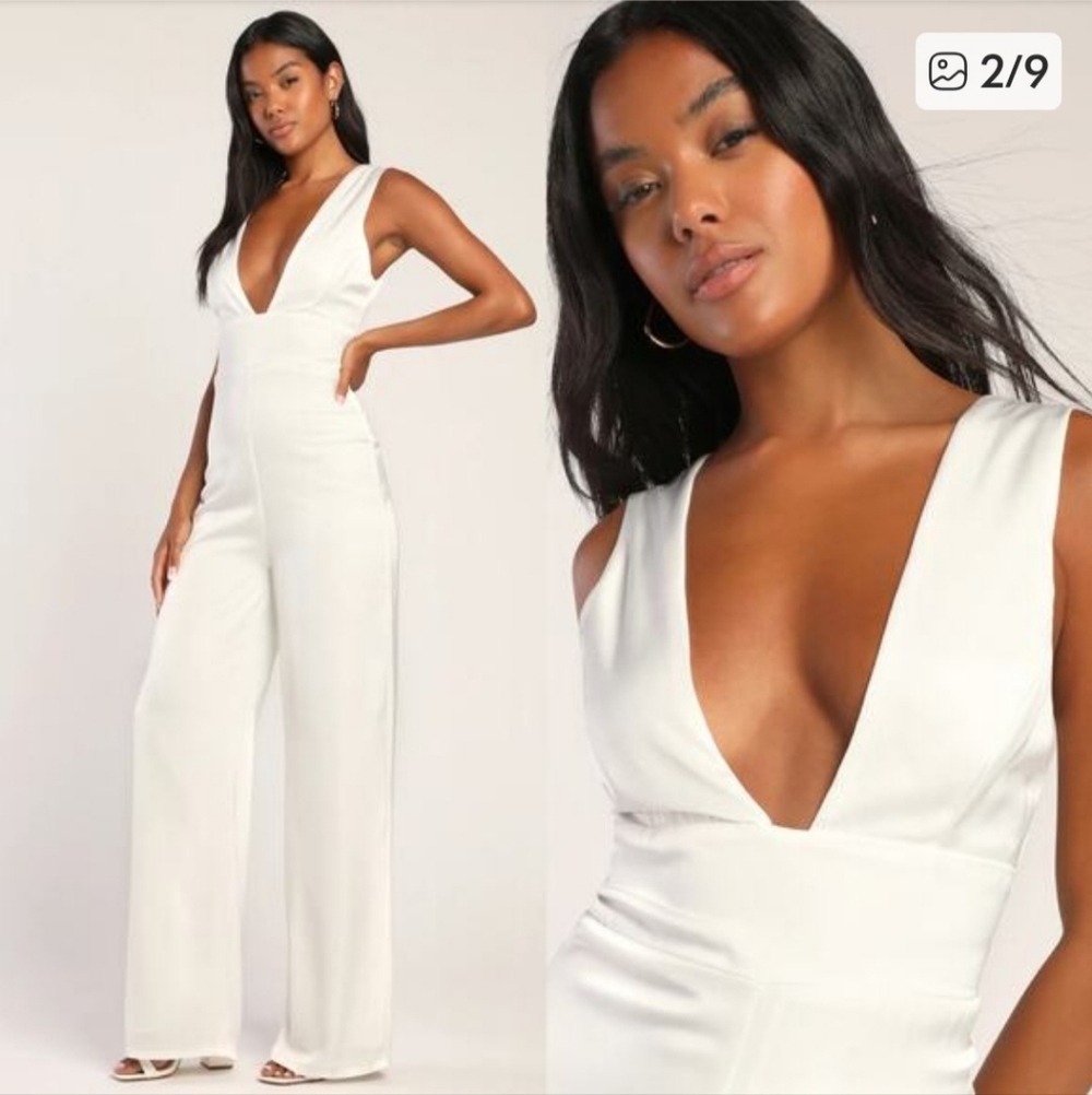Lulus Ultimate Allure Ivory Satin Wide Leg Sleevless Plung V-Neck Jumpsuit - Picture 2 of 16